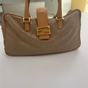 Fendi Tan Handbag with Gold Accent Baguette Made in Italy